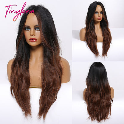 Long Synthetic Brown Blonde Water Wavy Gloden Highlight Wigs Middle Part Heat Resistant Cosplay Natural Hair for Black Women