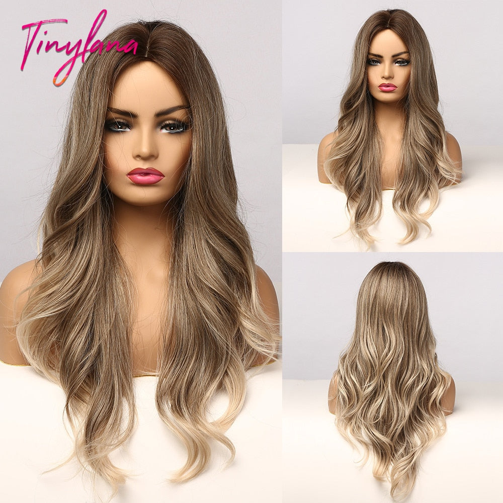 Long Synthetic Brown Blonde Water Wavy Gloden Highlight Wigs Middle Part Heat Resistant Cosplay Natural Hair for Black Women