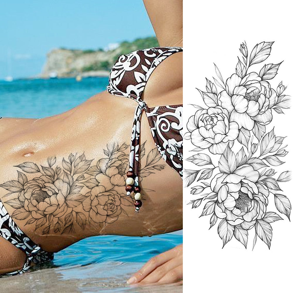 Women's Fashion Flower Temporary Tattoos Sticker Fake Rose Feather TatooS Decal Waterproof Body Art Legs Arm Tatoos For Women