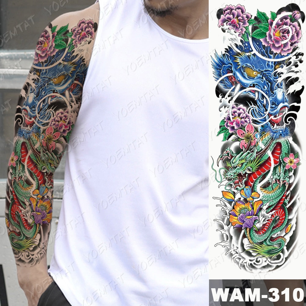 Large Arm Sleeve Tattoo Japanese Wave Waterproof Temporary Tattoo Sticker Lily Peacock Men Full Tiger Fox Tatoo Body Art Women