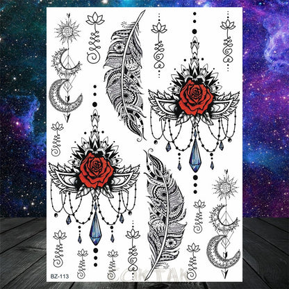 Black Dreamcatcher Temporary Tattoos Sticker For Women Fashion Body Art Back Tatoos Fake Jewelry Mandala Flower Tattoo For Party