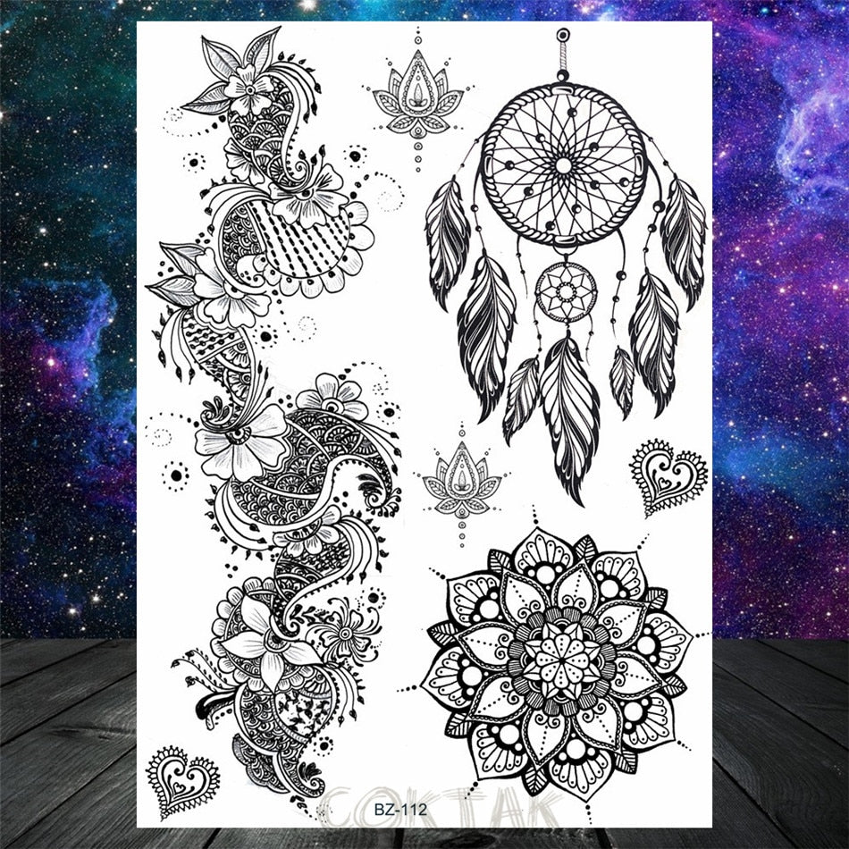 Black Dreamcatcher Temporary Tattoos Sticker For Women Fashion Body Art Back Tatoos Fake Jewelry Mandala Flower Tattoo For Party