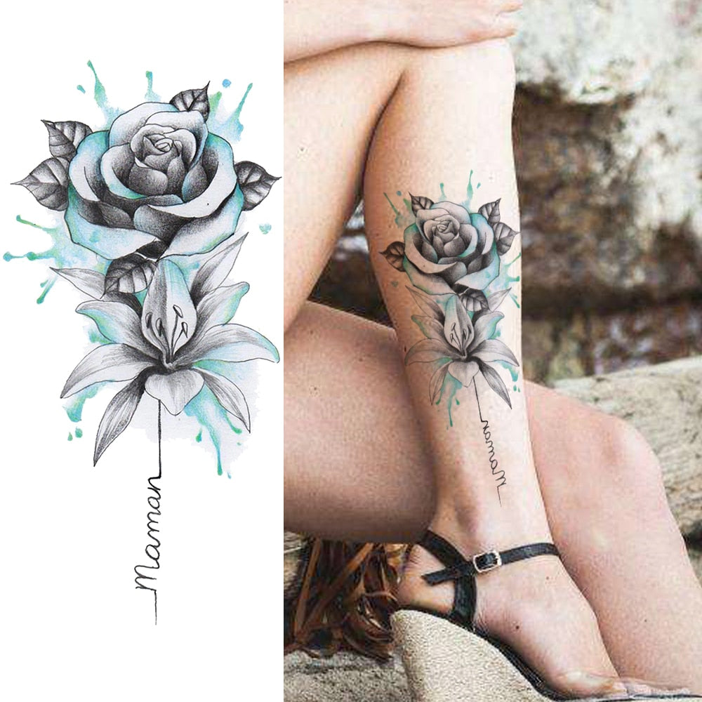 Women's Fashion Flower Temporary Tattoos Sticker Fake Rose Feather TatooS Decal Waterproof Body Art Legs Arm Tatoos For Women