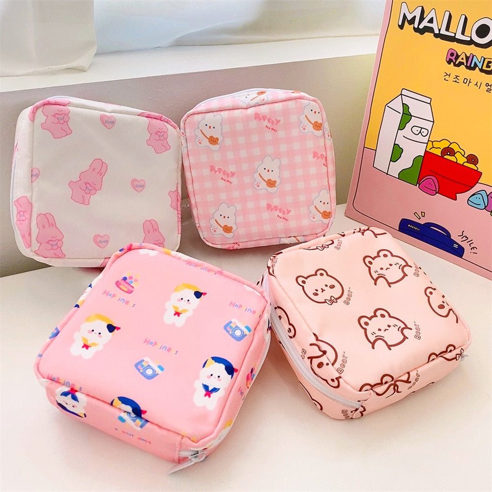 Women Girls Kawaii Cosmetic Makeup Tampon Bear Napkin Pouch Storage Bag Coin Purse Sanitary Pads Bag Mini Data Cables Organizer