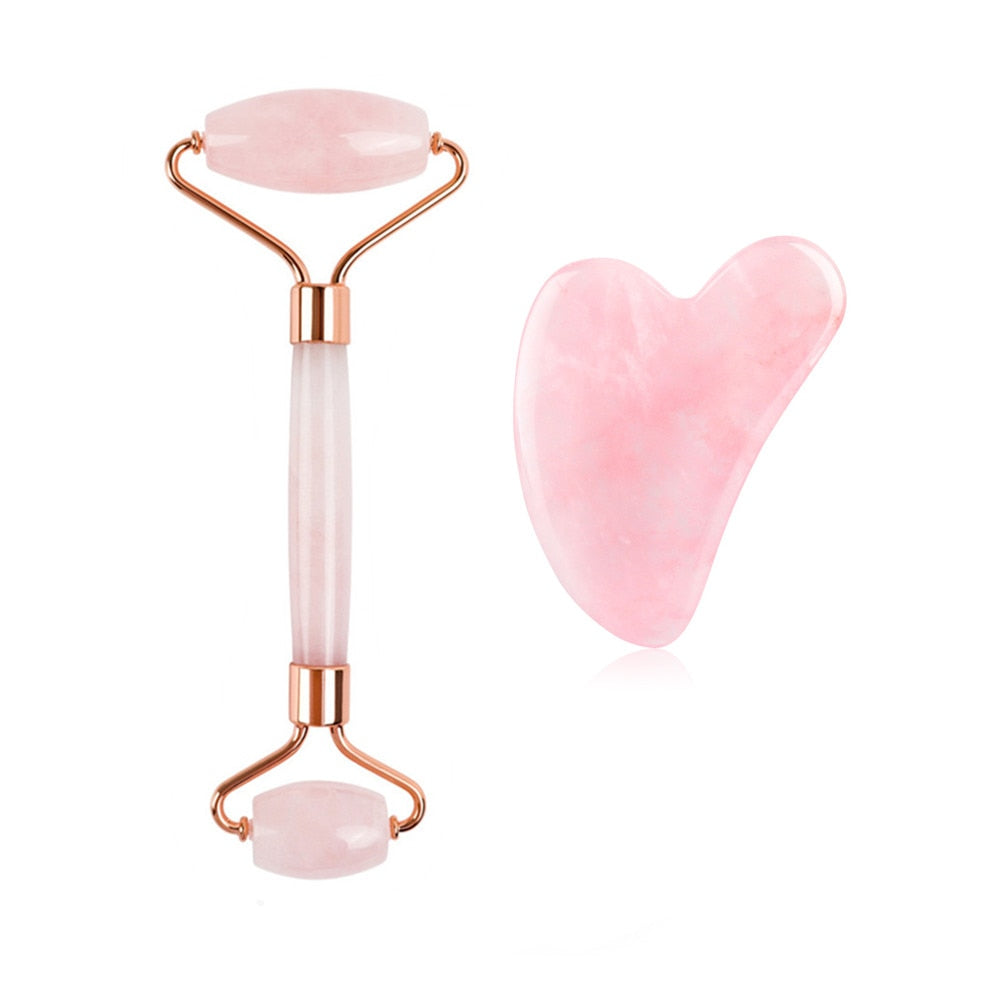 Rose Quartz Natural Jade Roller Gua Sha Scraper Set Facial Roller Massager for Face Body Neck Lifting Tighten Slimming Skin Care