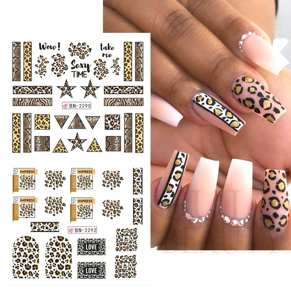 New Leopard Print Stickers For Nails Wild Animal Texture Cute Cows Designs Nail Tattoo Watermark Transfer Sliders NTBN2281-2292