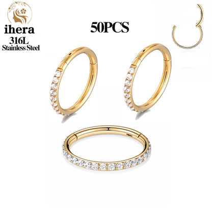 50PCS Stainless Steel Zircon CZ Hinged Segment Nose Septum Clicker Ring Round Earrings Hoops Ear Tragus Helix Piercing Jewelry