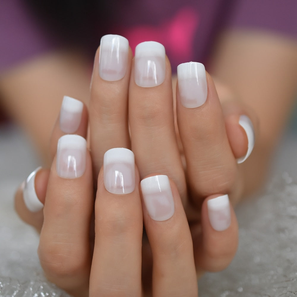 Salon Acrylic Press On Nails French Nails Short Length Ombre Round French Tips Glitter Pattern White Thin False Nail Art