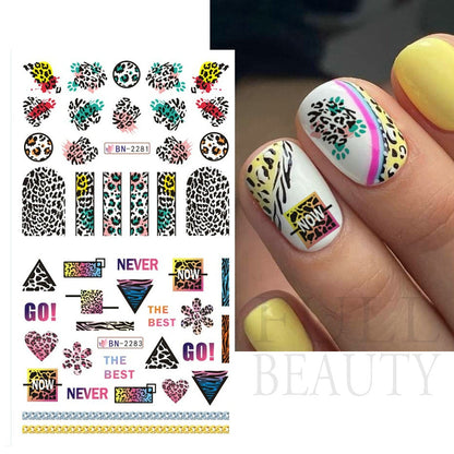 New Leopard Print Stickers For Nails Wild Animal Texture Cute Cows Designs Nail Tattoo Watermark Transfer Sliders NTBN2281-2292