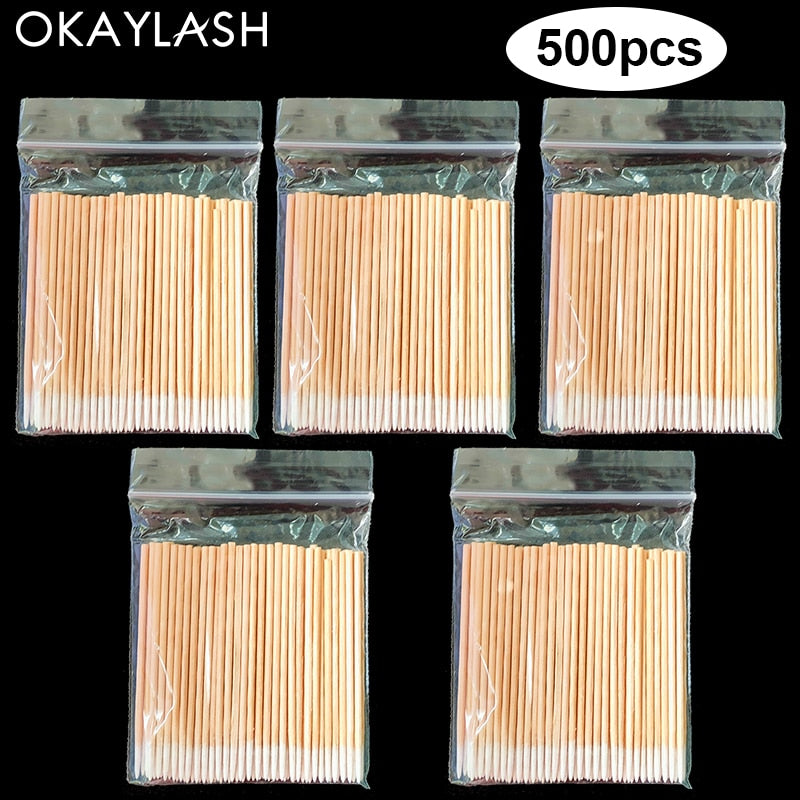 500/300/100pcs Wooden Disposable Micro Buds Cotton Swabs Cosmetics  Makeup Cleaning Stickers for Eyelash Grafting Extension