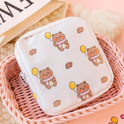 Women Girls Kawaii Cosmetic Makeup Tampon Bear Napkin Pouch Storage Bag Coin Purse Sanitary Pads Bag Mini Data Cables Organizer