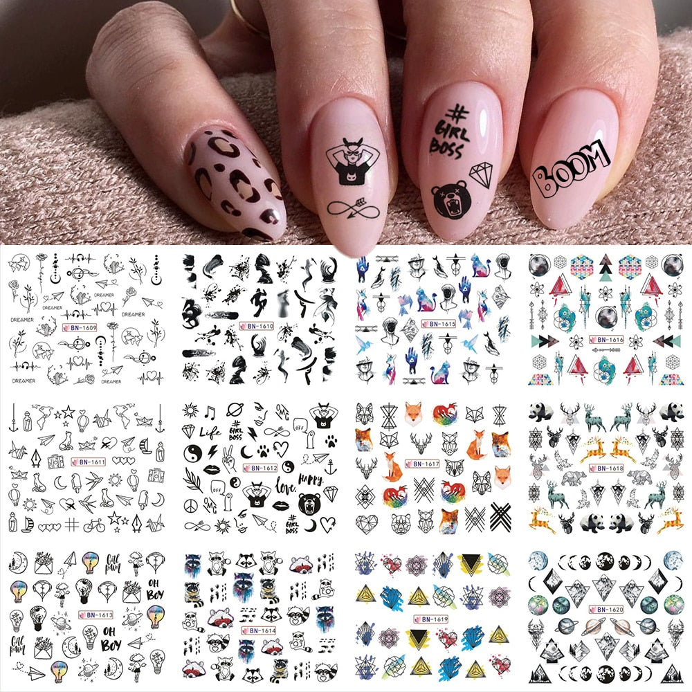 New Leopard Print Stickers For Nails Wild Animal Texture Cute Cows Designs Nail Tattoo Watermark Transfer Sliders NTBN2281-2292