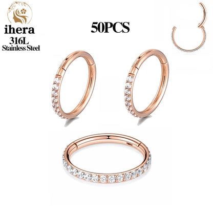 50PCS Stainless Steel Zircon CZ Hinged Segment Nose Septum Clicker Ring Round Earrings Hoops Ear Tragus Helix Piercing Jewelry