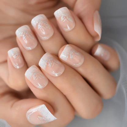 Salon Acrylic Press On Nails French Nails Short Length Ombre Round French Tips Glitter Pattern White Thin False Nail Art