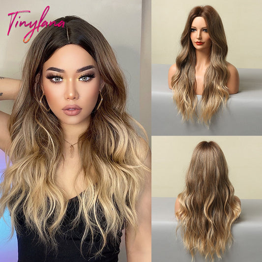 Long Synthetic Brown Blonde Water Wavy Gloden Highlight Wigs Middle Part Heat Resistant Cosplay Natural Hair for Black Women