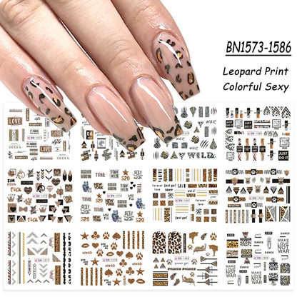 New Leopard Print Stickers For Nails Wild Animal Texture Cute Cows Designs Nail Tattoo Watermark Transfer Sliders NTBN2281-2292