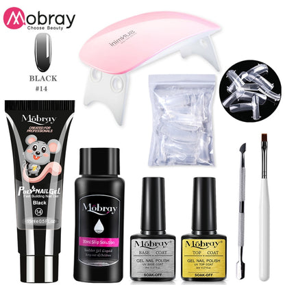 Mobray Poy UV Gel With UV LED Lamp Manicure Set Poly Nail Gel Polish Kit Nail Art Tools For Manicure Need Base Top Coat Nail Kit