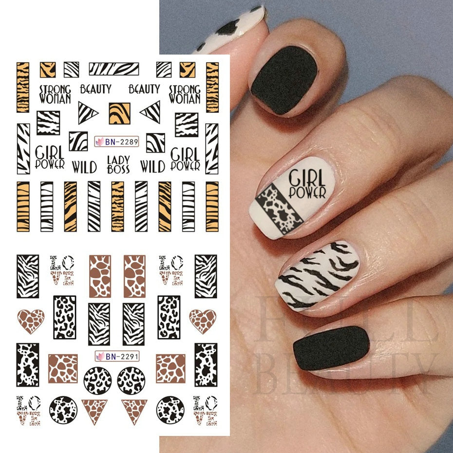 New Leopard Print Stickers For Nails Wild Animal Texture Cute Cows Designs Nail Tattoo Watermark Transfer Sliders NTBN2281-2292