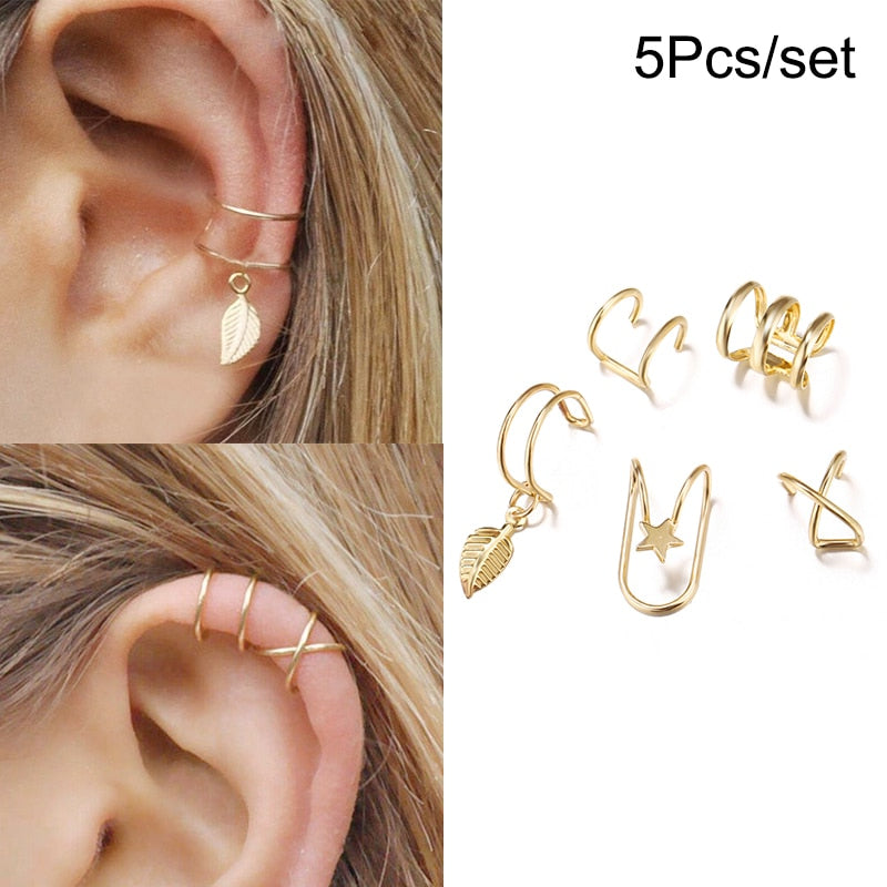 LATS Silver Color Leaves Clip Earrings for Women Men Creative Simple C Ear Cuff Non-Piercing Ear Ear Clip Set Trend Jewelry Gift