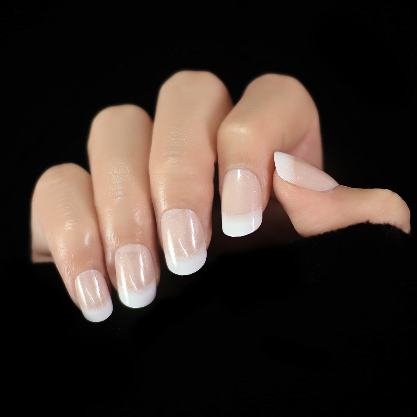 Salon Acrylic Press On Nails French Nails Short Length Ombre Round French Tips Glitter Pattern White Thin False Nail Art