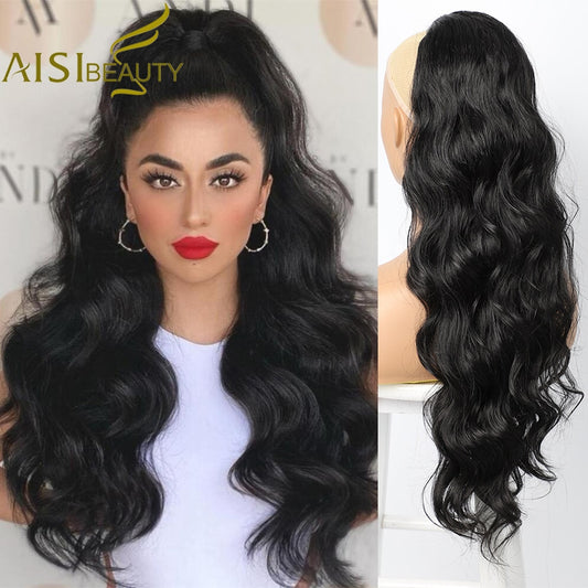 AISI BEAUTY Synthetic Long Body Wave Ponytail Extensions for Women Drawstring Ponytail Clip in Hair Extensions Black Blonde Red
