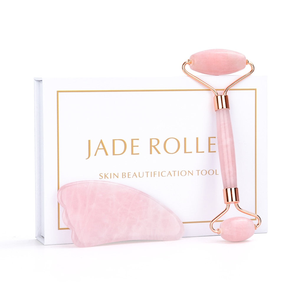 Rose Quartz Natural Jade Roller Gua Sha Scraper Set Facial Roller Massager for Face Body Neck Lifting Tighten Slimming Skin Care