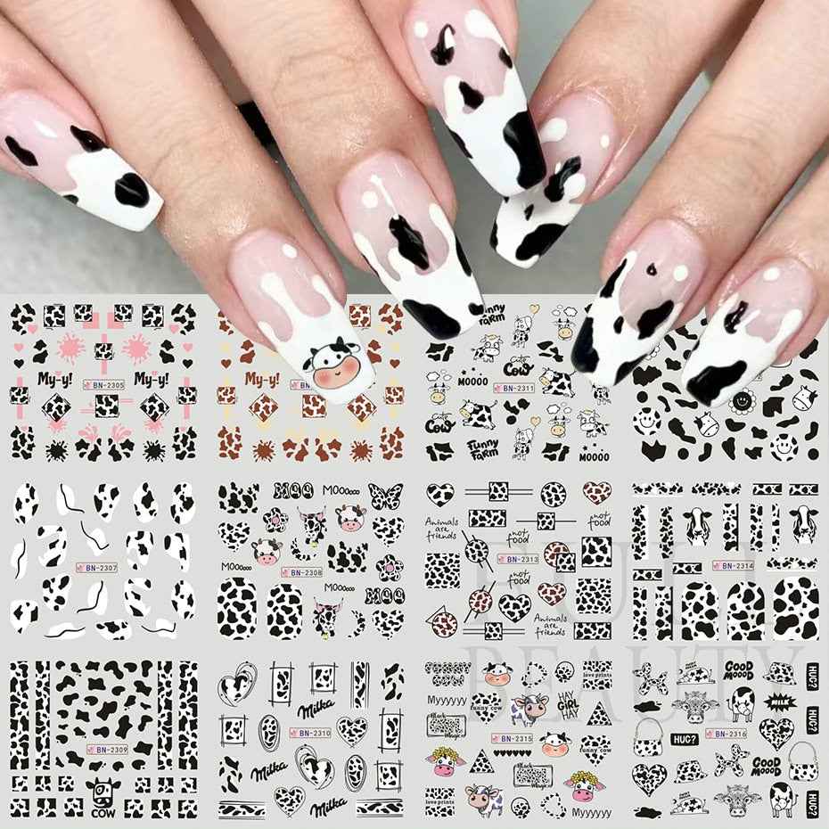 New Leopard Print Stickers For Nails Wild Animal Texture Cute Cows Designs Nail Tattoo Watermark Transfer Sliders NTBN2281-2292