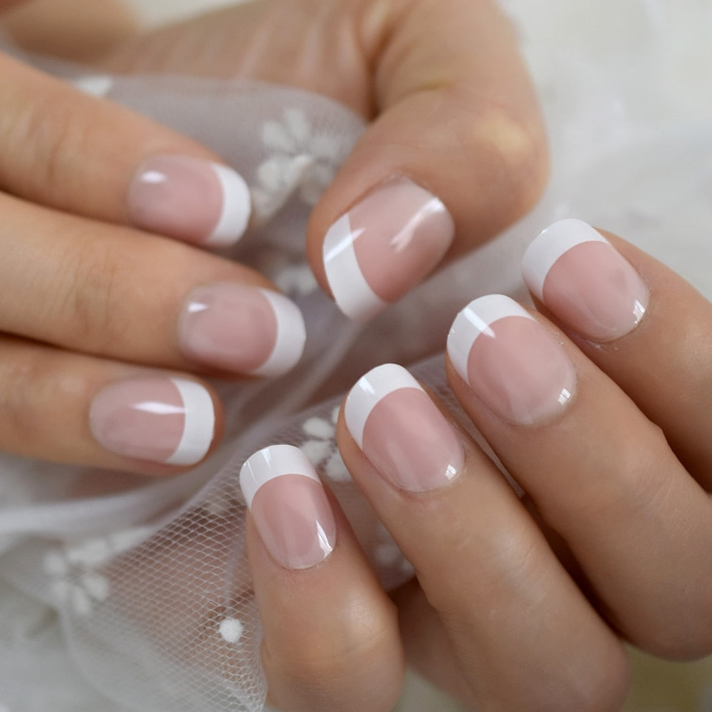 Salon Acrylic Press On Nails French Nails Short Length Ombre Round French Tips Glitter Pattern White Thin False Nail Art