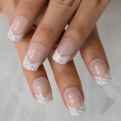 Salon Acrylic Press On Nails French Nails Short Length Ombre Round French Tips Glitter Pattern White Thin False Nail Art