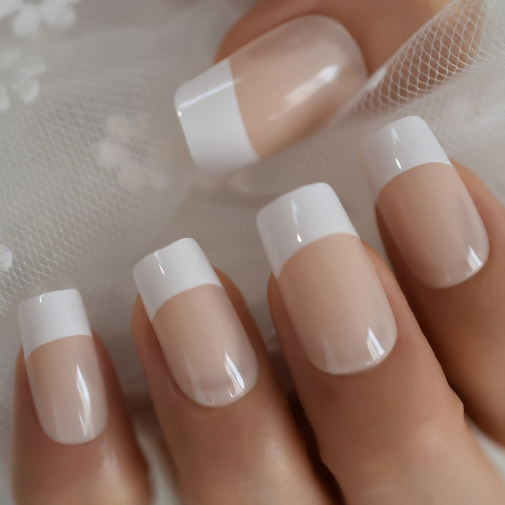 Salon Acrylic Press On Nails French Nails Short Length Ombre Round French Tips Glitter Pattern White Thin False Nail Art