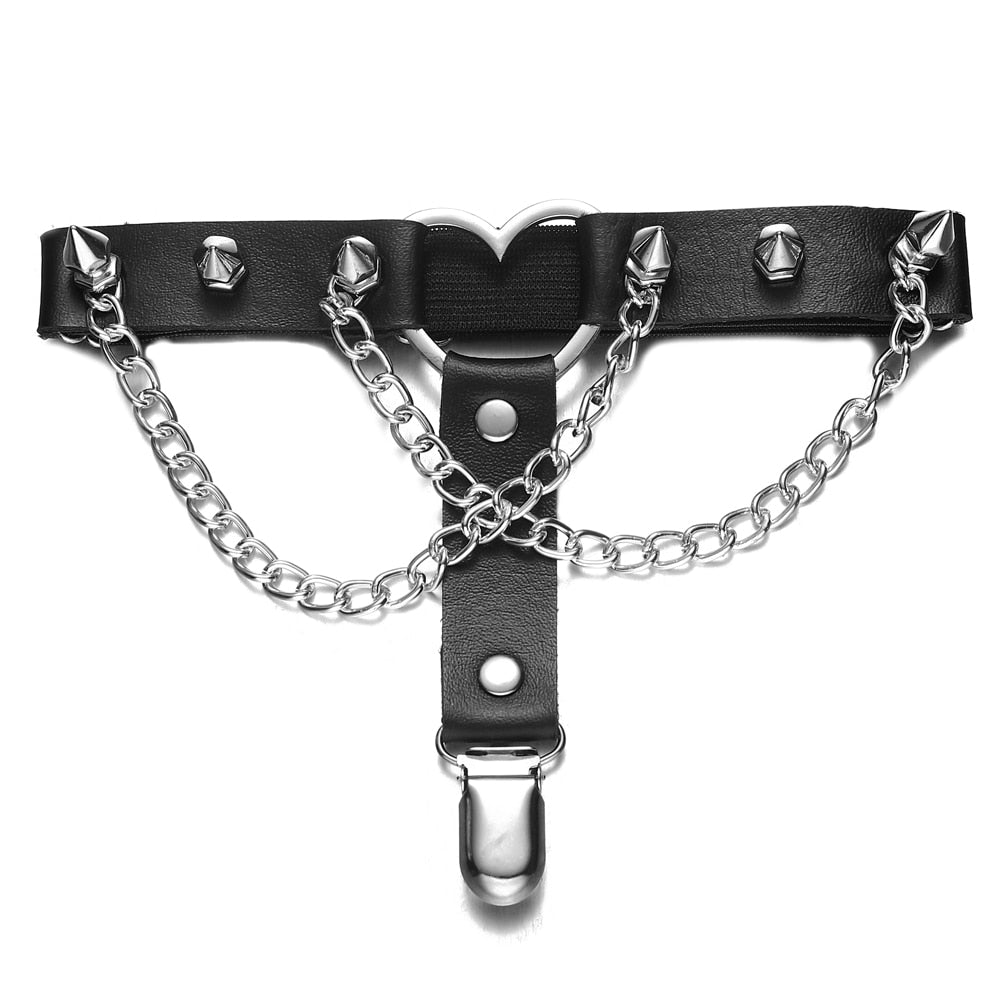 Sexy Leg Chain Leather  Elastic Spiked Leg Harness For Women Girls Goth Heart Thigh Garter Belt Rave Body Jewelry